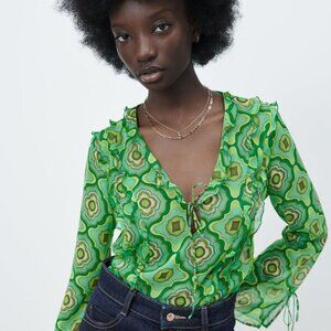 ZARA BLOGGER'S FAVE! Geometric Print Sheer Ruffle Shirt Blouse Mod Retro Groovy
